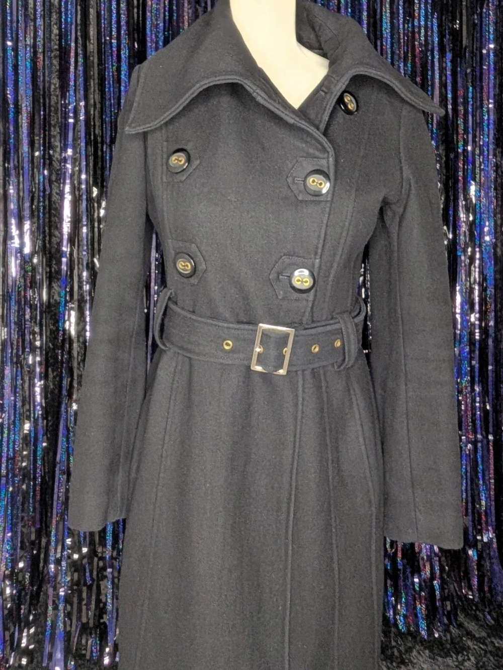 Guess Black Double-Breasted Wool Trench Coat with Belt
